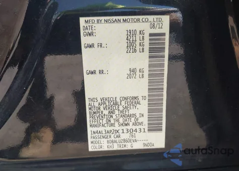 2013 Nissan Altima 2.5 Sv z USA, uszkodzony, nr VIN 1N4AL3AP2DC130431